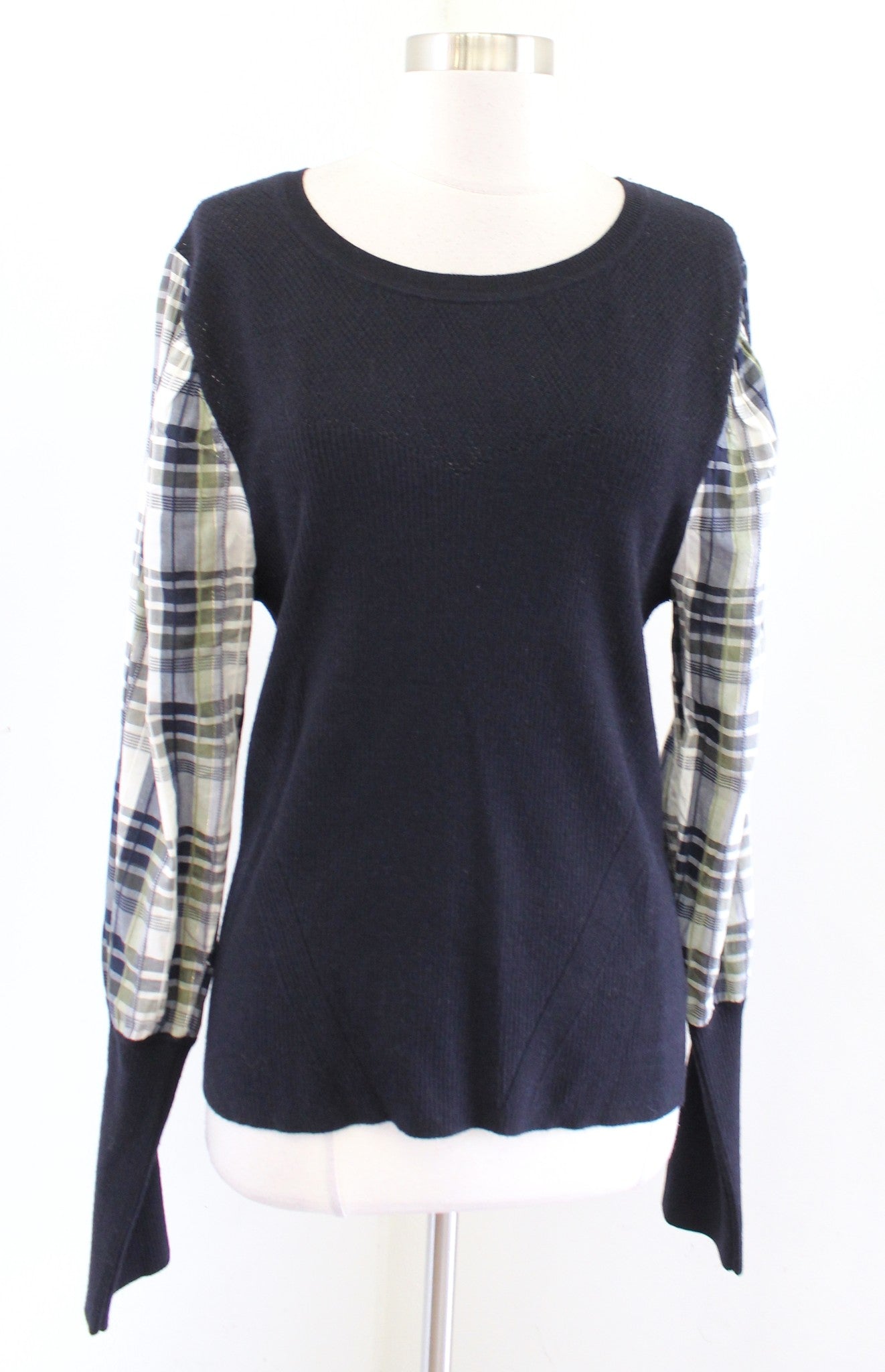 Veronica Beard Leila Plaid Puff Sleeve Ribbed Knit Sweater Top Size XL Wool