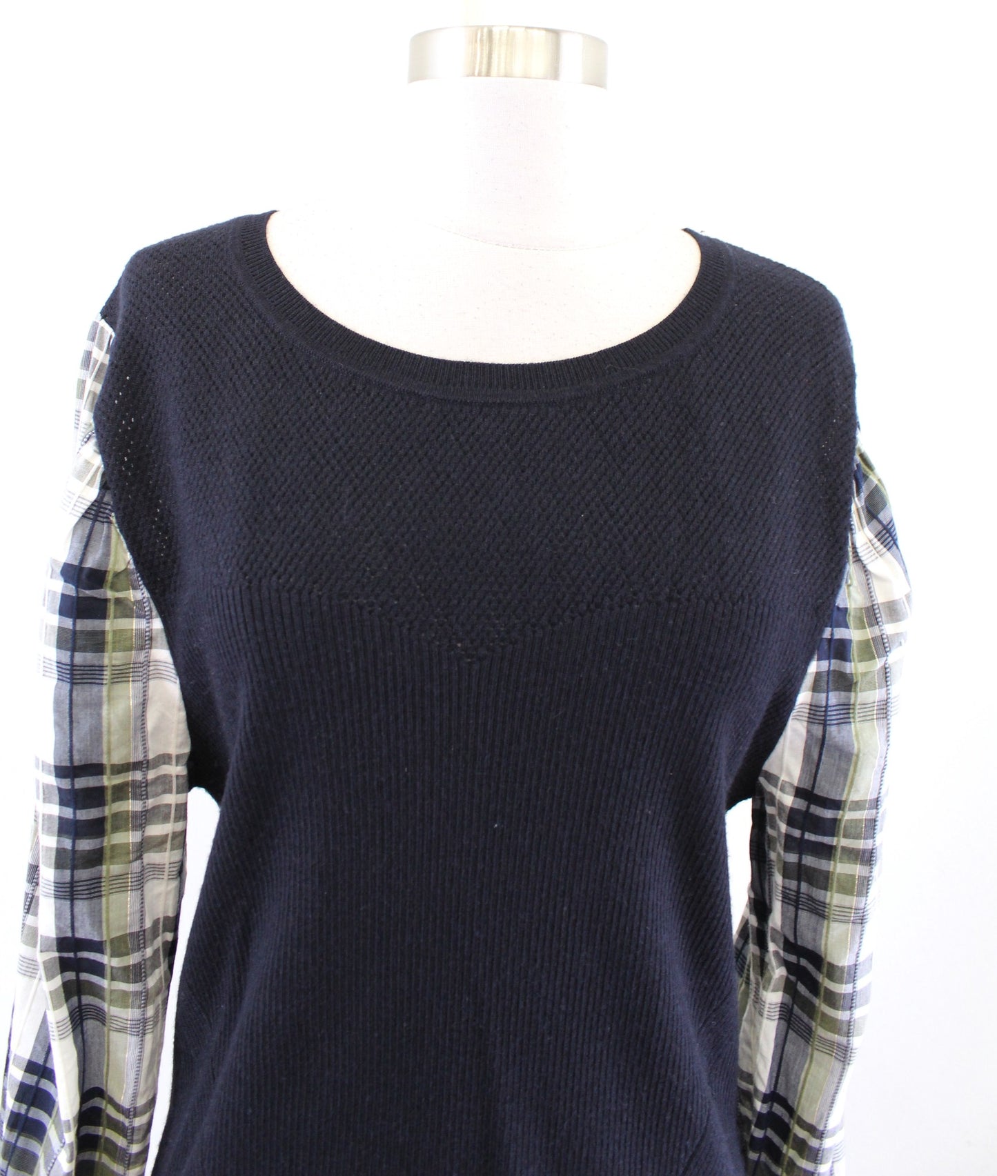 Veronica Beard Leila Plaid Puff Sleeve Ribbed Knit Sweater Top Size XL Wool
