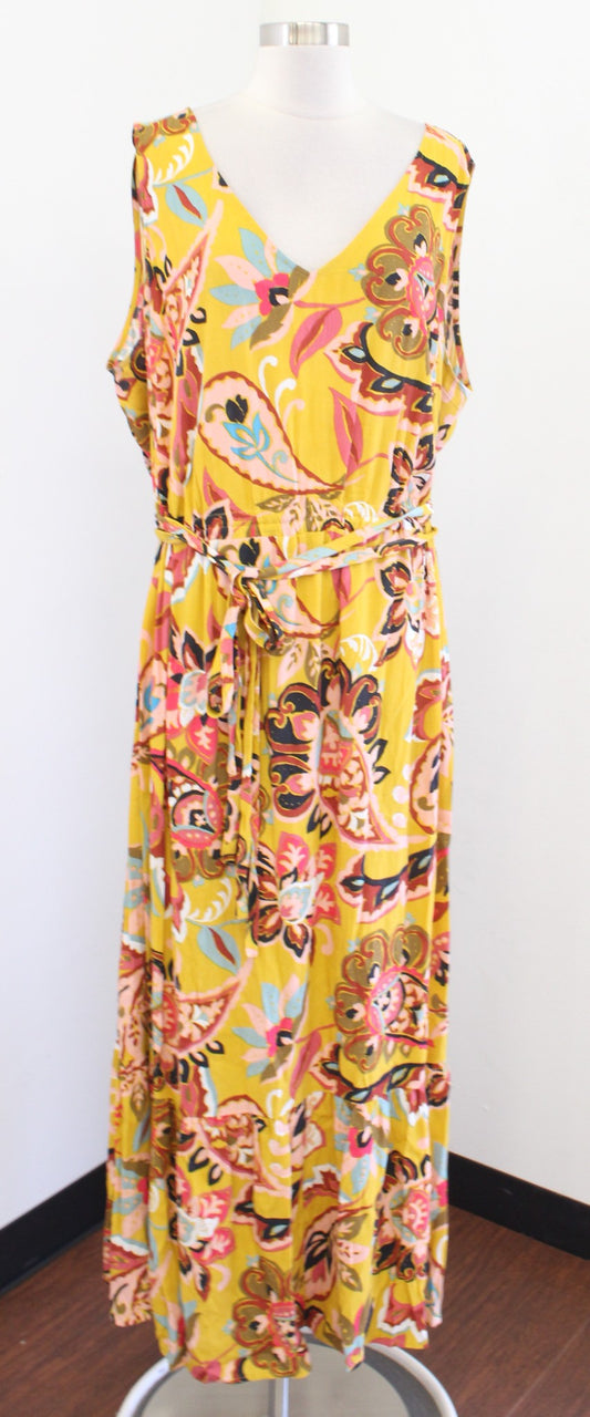 Ann Taylor Loft Plus Saffron Yellow Paisley Floral Tie Waist Maxi Dress Size 20