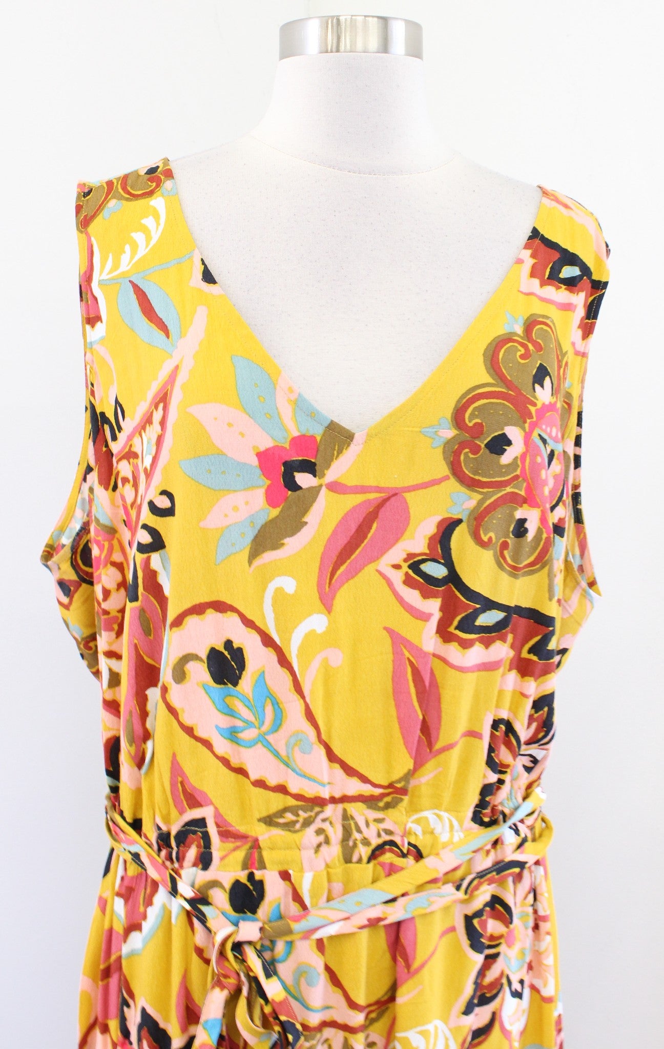 Ann Taylor Loft Plus Saffron Yellow Paisley Floral Tie Waist Maxi Dress Size 20