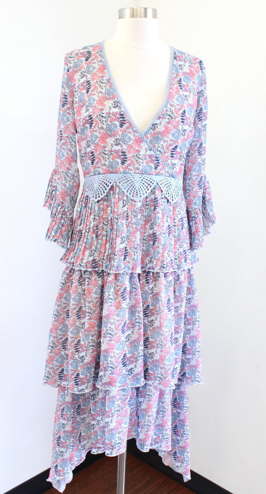 NWT Foxiedox Blue Pink Floral Tiered Pleated Lace Trim Midi Dress Size S Boho