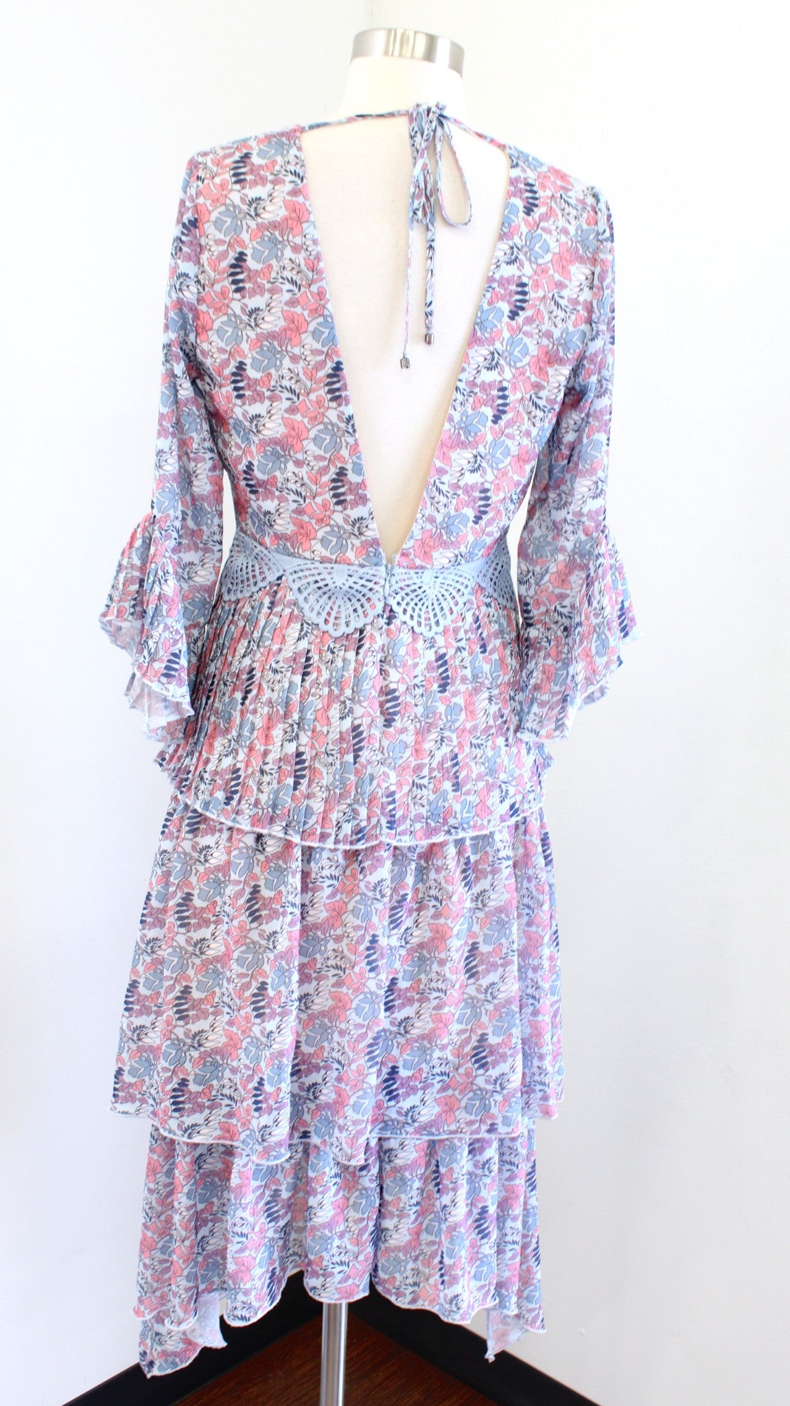 NWT Foxiedox Blue Pink Floral Tiered Pleated Lace Trim Midi Dress Size S Boho