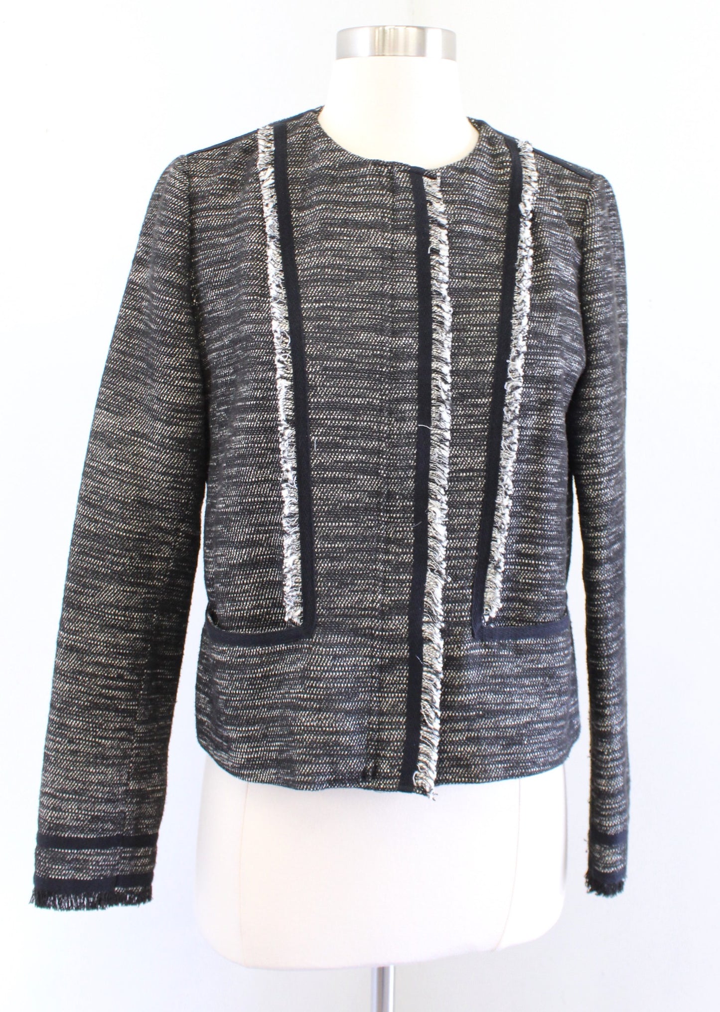 $495 VINCE Boucle Tweed Fringe Gray Zip Front Jacket Blazer Size 6 Leather Trim