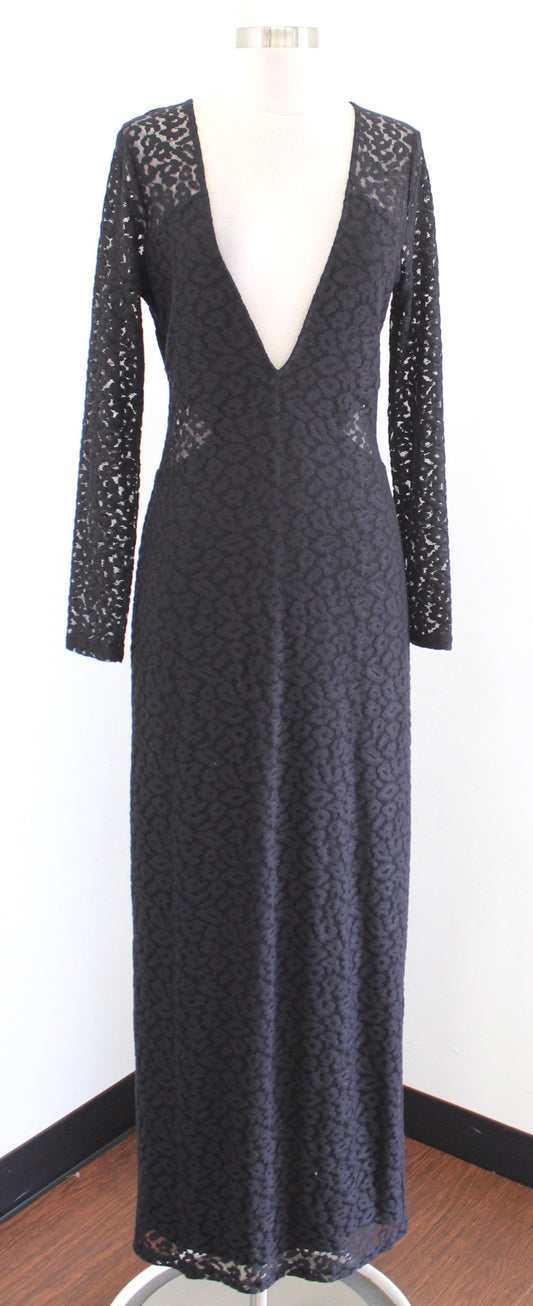 House of Harlow x Revolve Black Plunge V Neck Leopard Mesh Cutout Maxi Dress S