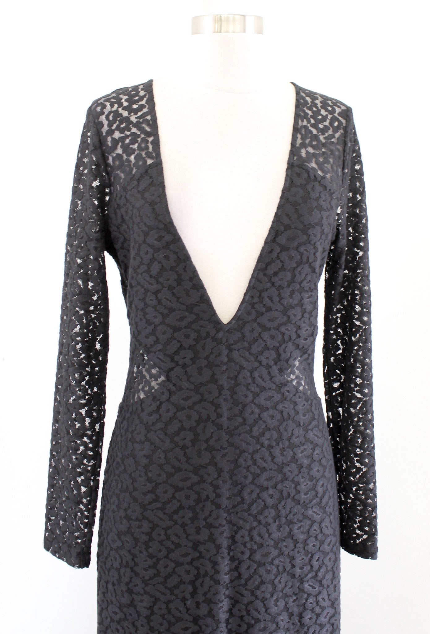 House of Harlow x Revolve Black Plunge V Neck Leopard Mesh Cutout Maxi Dress S