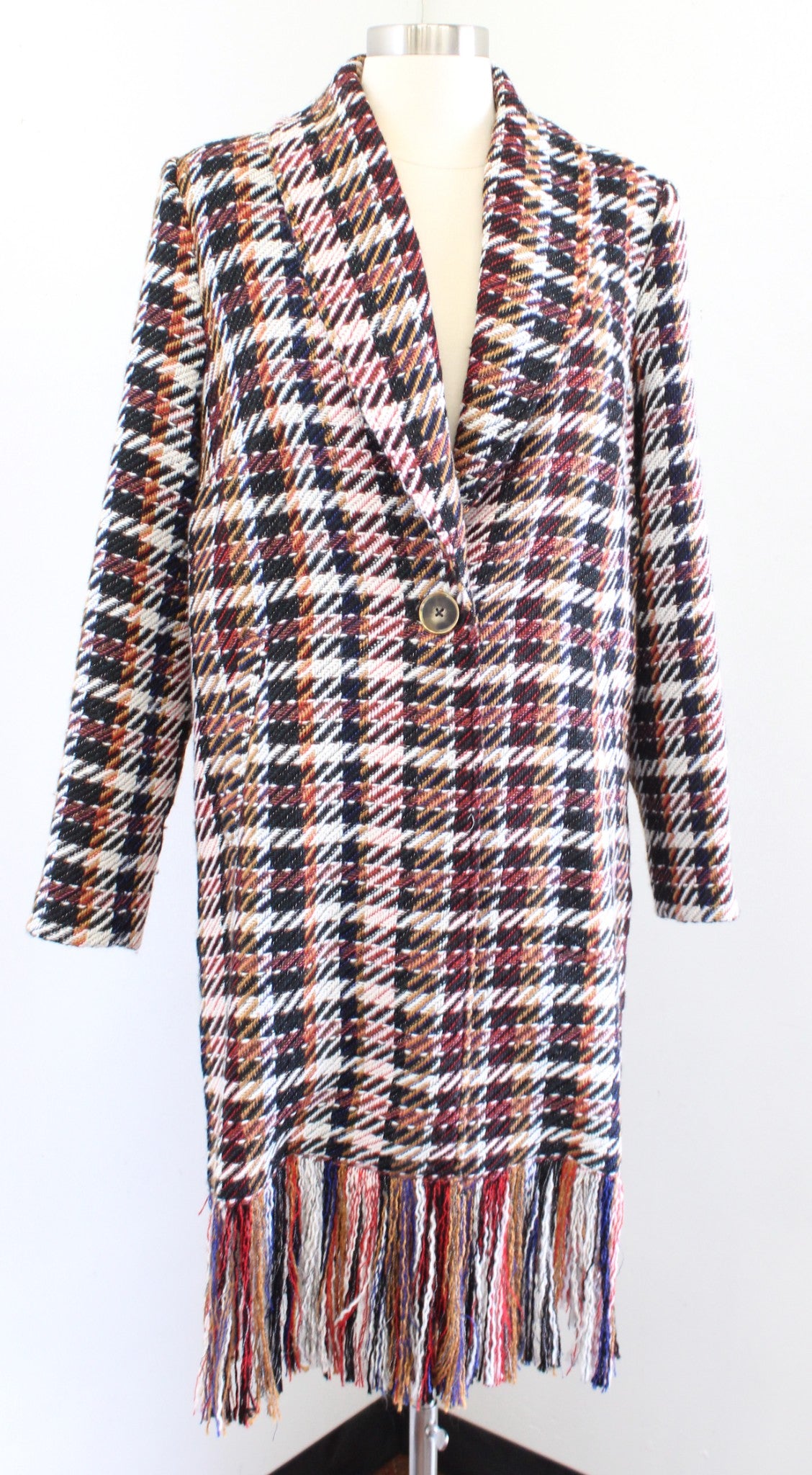 NWT Cabi Regency Coat Colorful Plaid Fringe Tie Waist Trench Jacket Size M