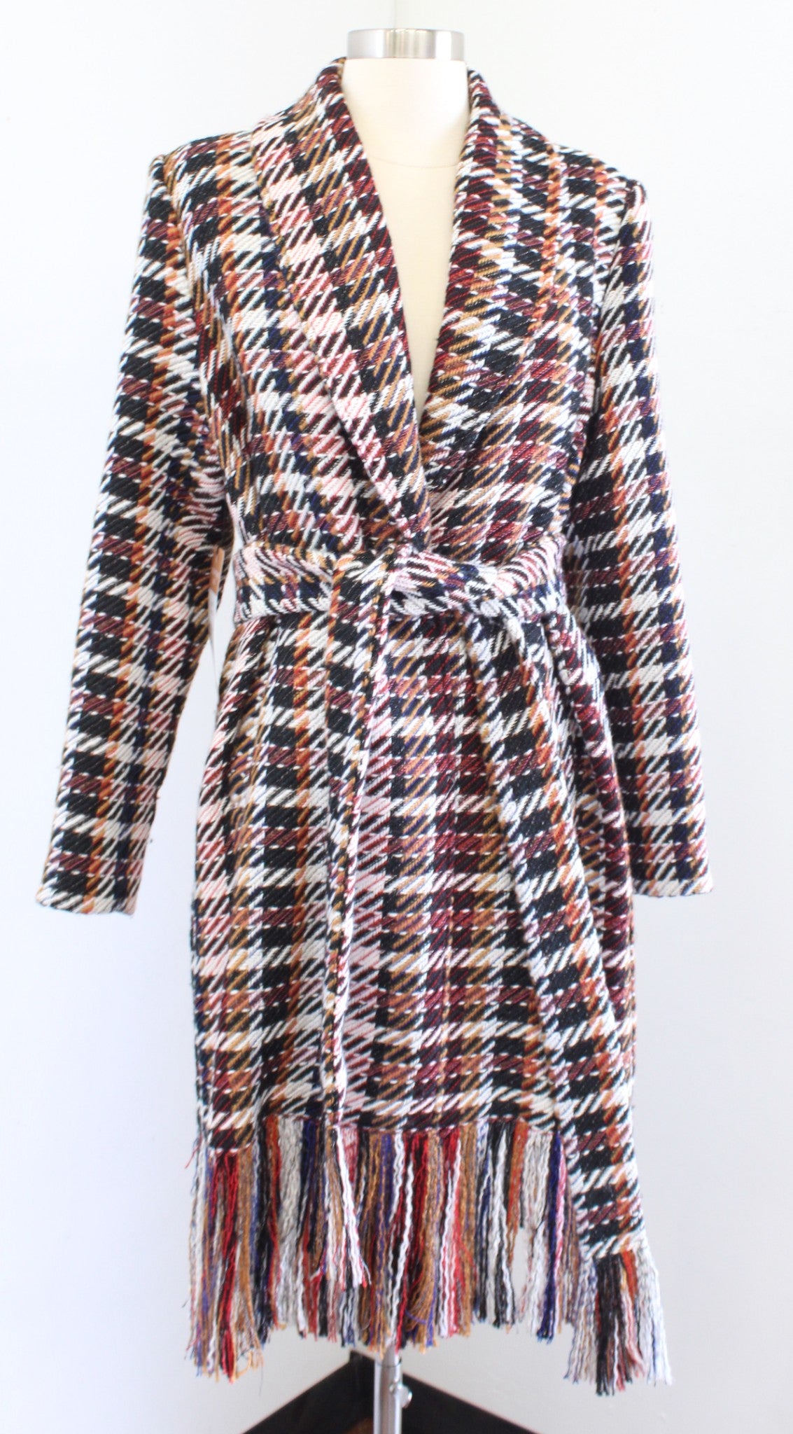 NWT Cabi Regency Coat Colorful Plaid Fringe Tie Waist Trench Jacket Size M