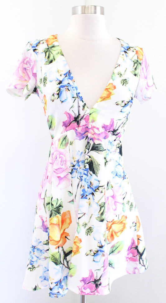 Show Me Your Mumu Ibiza White Multi Color Floral Open Back Mini Dress Size S