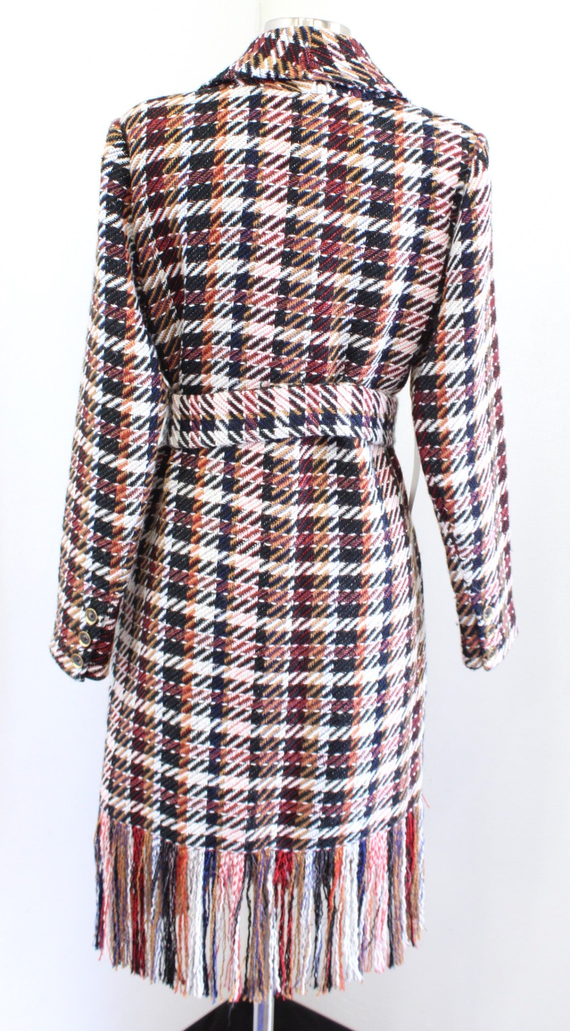 NWT Cabi Regency Coat Colorful Plaid Fringe Tie Waist Trench Jacket Size M