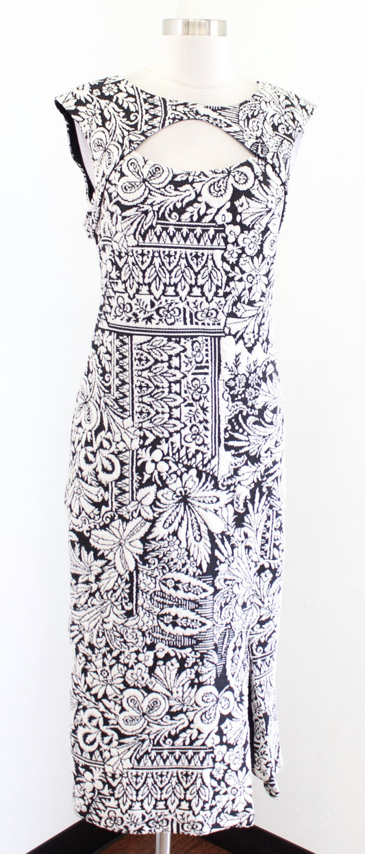 NWT by Anthropologie Black White Floral Jacquard Cutout Midi Dress Size XS