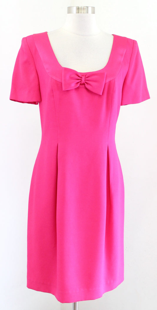 Vtg 90s Nipon Night Hot Pink Satin Bow Trim Cocktail Party Dress Size 8 Retro