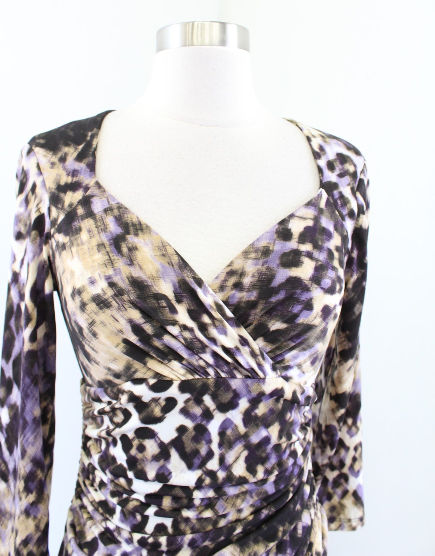 Lauren Ralph Lauren Abstract Animal Print Ruched Wiggle Dress Size 2 Purple Tan