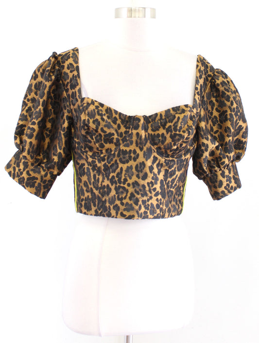 For Love and Lemons Jett Leopard Print Bustier Corset Top Puff Sleeve Size M