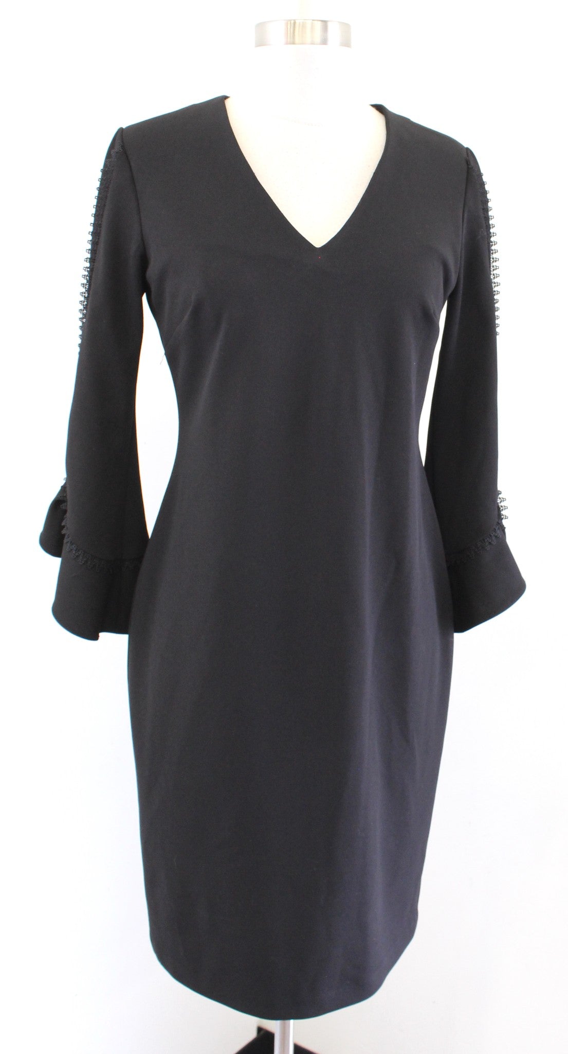 Calvin Klein Solid Black Ruffle Sleeve Lace Trim V Neck Sheath Dress Size 4