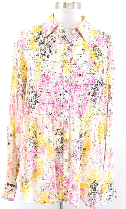 Pilcro Anthropologie Abstract Print Smocked Button Front Shirt Blouse Yellow XS