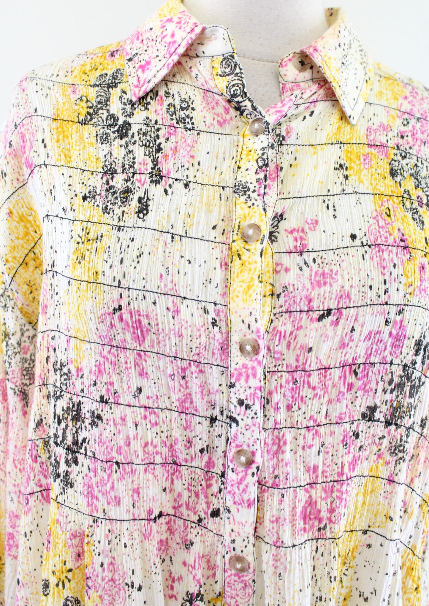 Pilcro Anthropologie Abstract Print Smocked Button Front Shirt Blouse Yellow XS