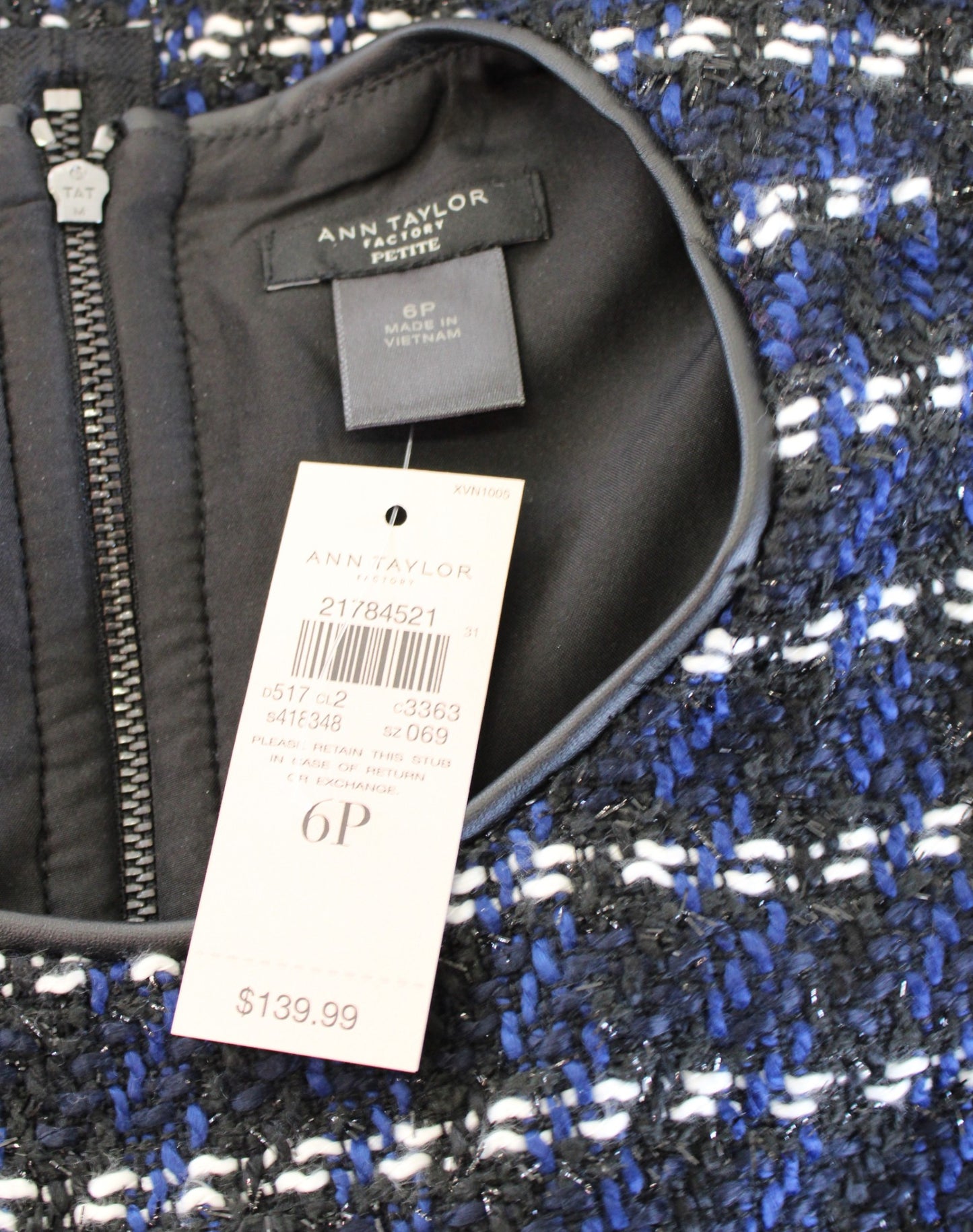 NWT Ann Taylor Blue Black Metallic Tweed Fringe Shift Dress Size 6P Sleeveless