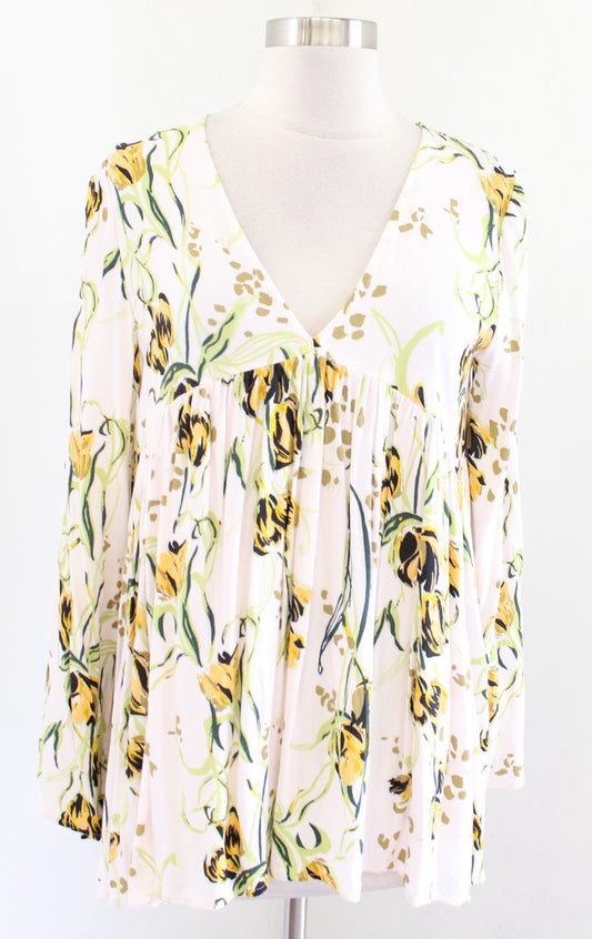 Free People Bella Cream Floral V Neck Long Sleeve Tunic Top Blouse Size XS Boho