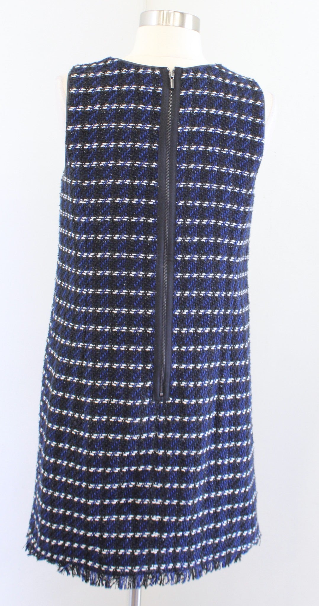 NWT Ann Taylor Blue Black Metallic Tweed Fringe Shift Dress Size 6P Sleeveless