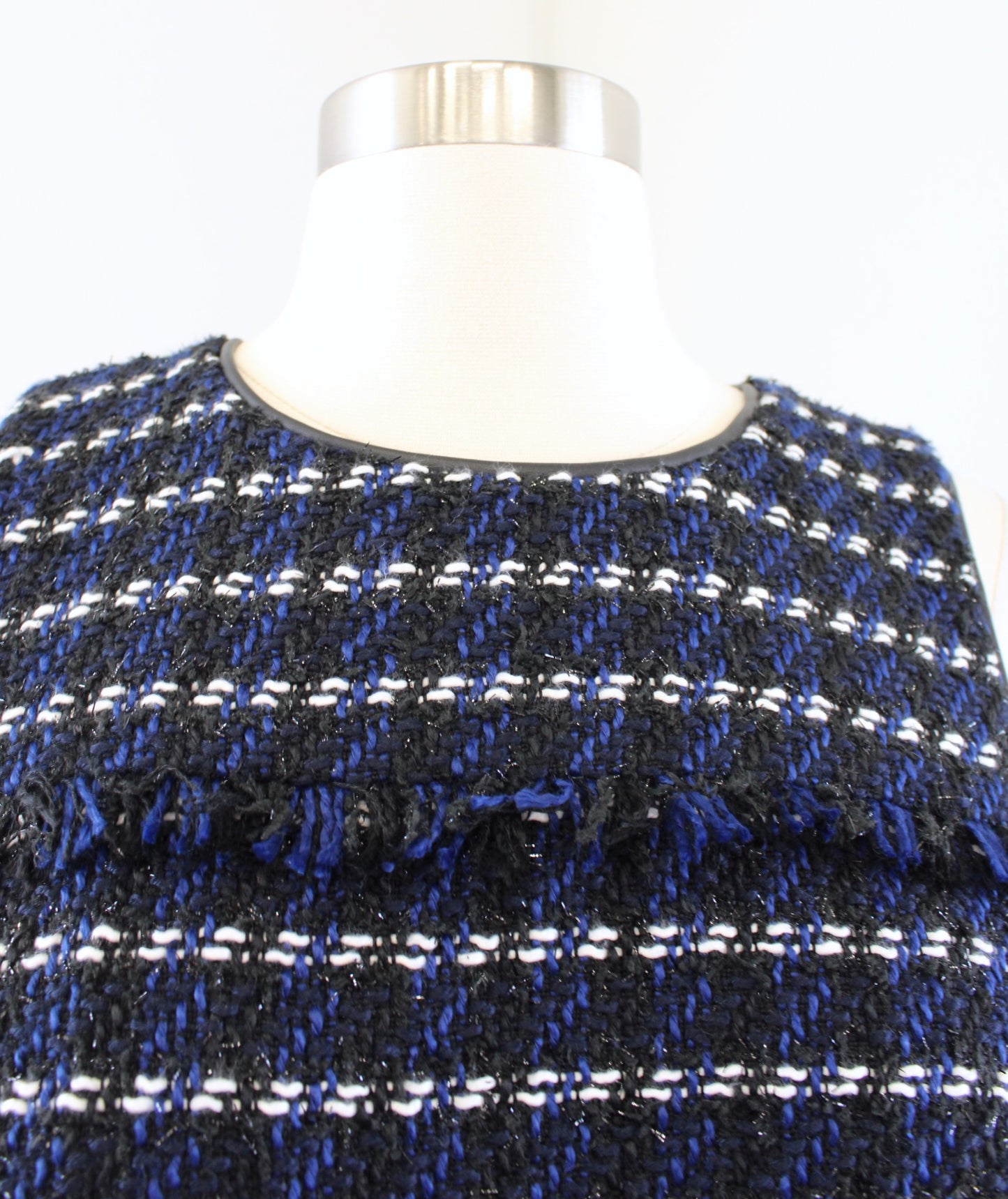 NWT Ann Taylor Blue Black Metallic Tweed Fringe Shift Dress Size 6P Sleeveless