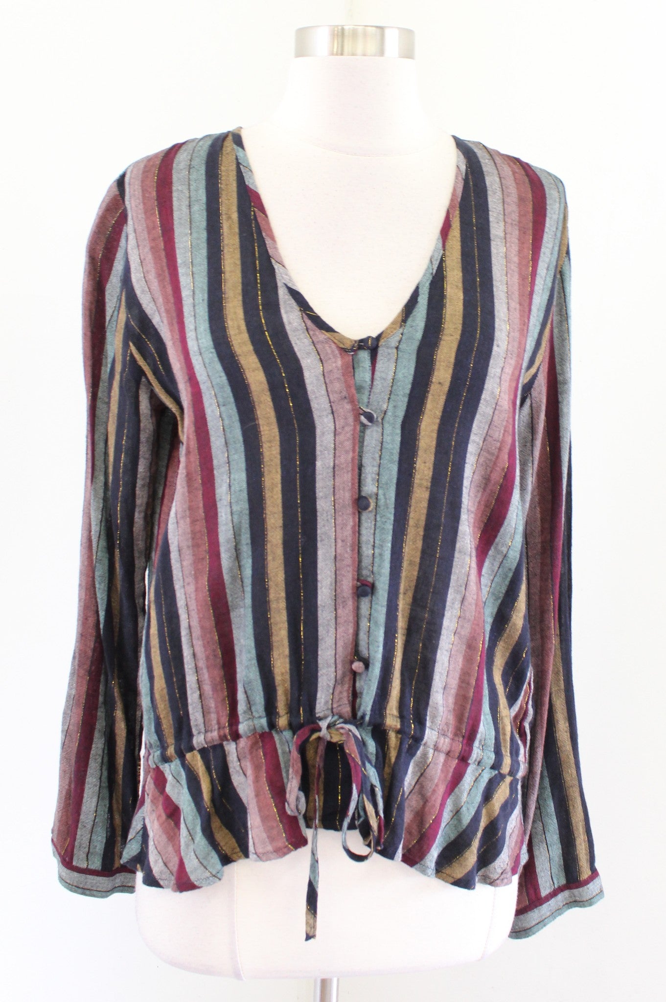 Rails Beaux Top in Varadero Stripe Size S Metallic Tie Ruffle Waist Blouse Linen