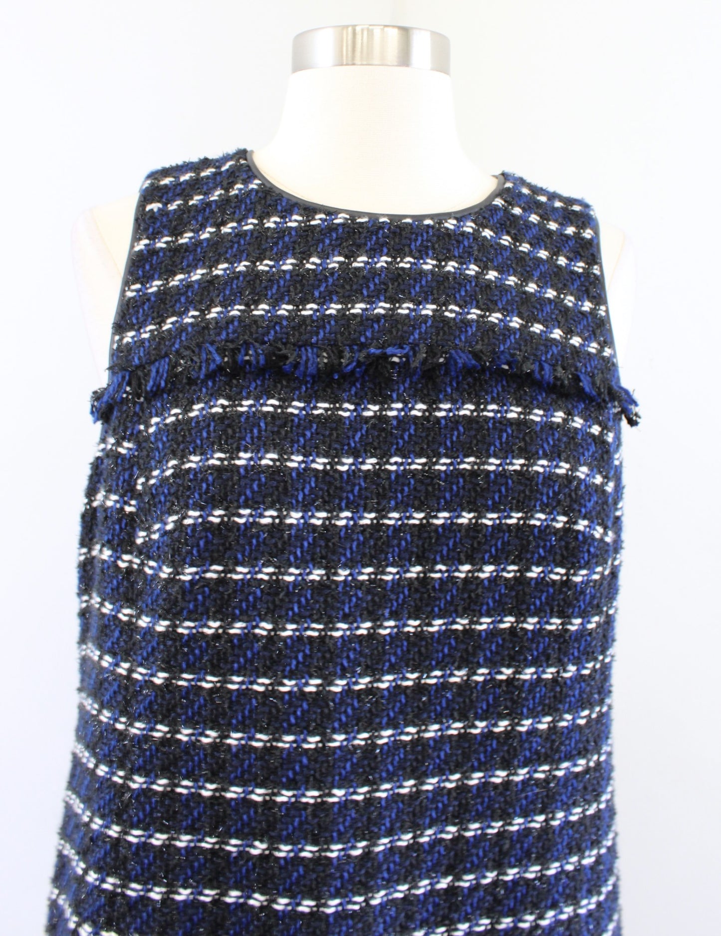 NWT Ann Taylor Blue Black Metallic Tweed Fringe Shift Dress Size 6P Sleeveless