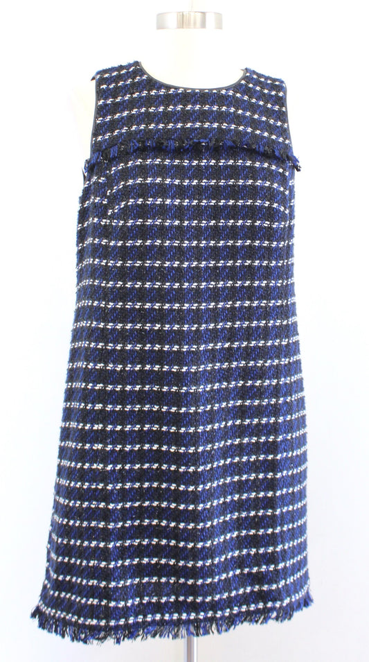NWT Ann Taylor Blue Black Metallic Tweed Fringe Shift Dress Size 6P Sleeveless
