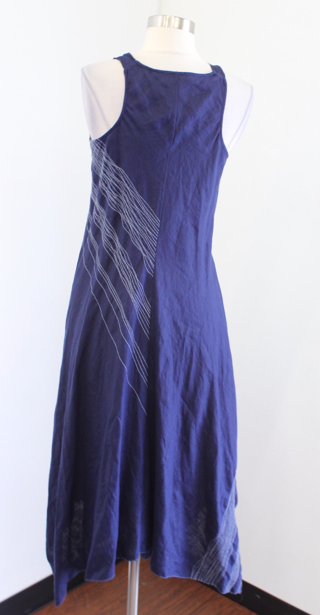 NWT Eileen Fisher Navy Blue Irish Linen Asymmetric Handkerchief Hem Dress Sz XS