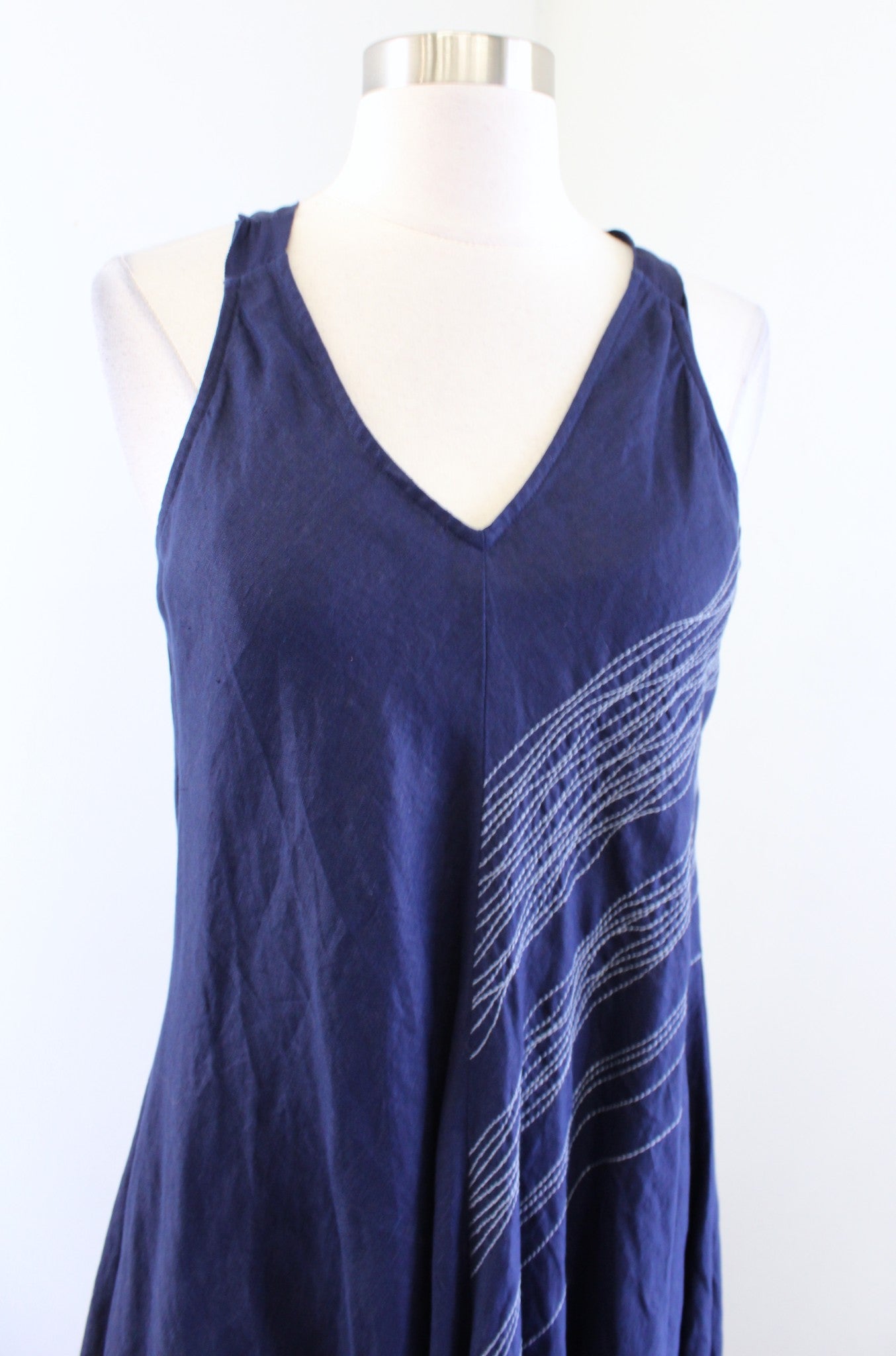 NWT Eileen Fisher Navy Blue Irish Linen Asymmetric Handkerchief Hem Dress Sz XS