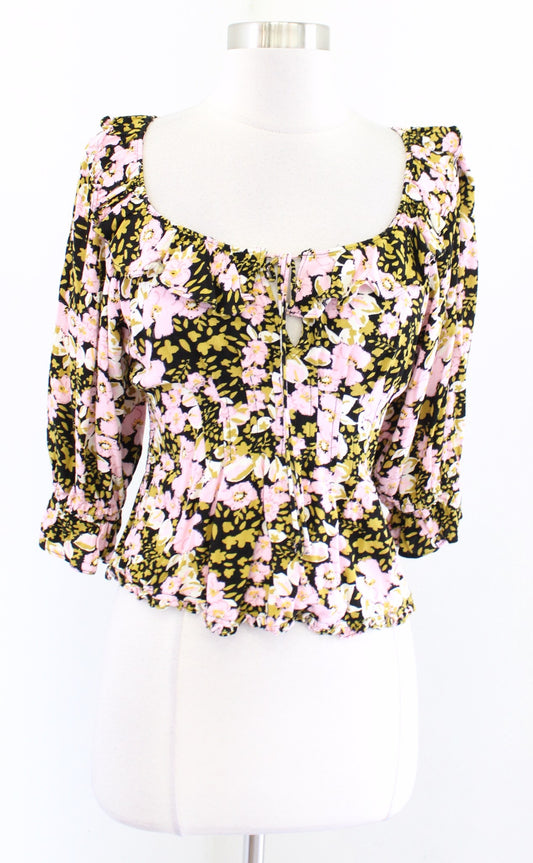 Free People Sweet Memories Floral Ruffle Smocked Top Blouse Size S Cropped Black