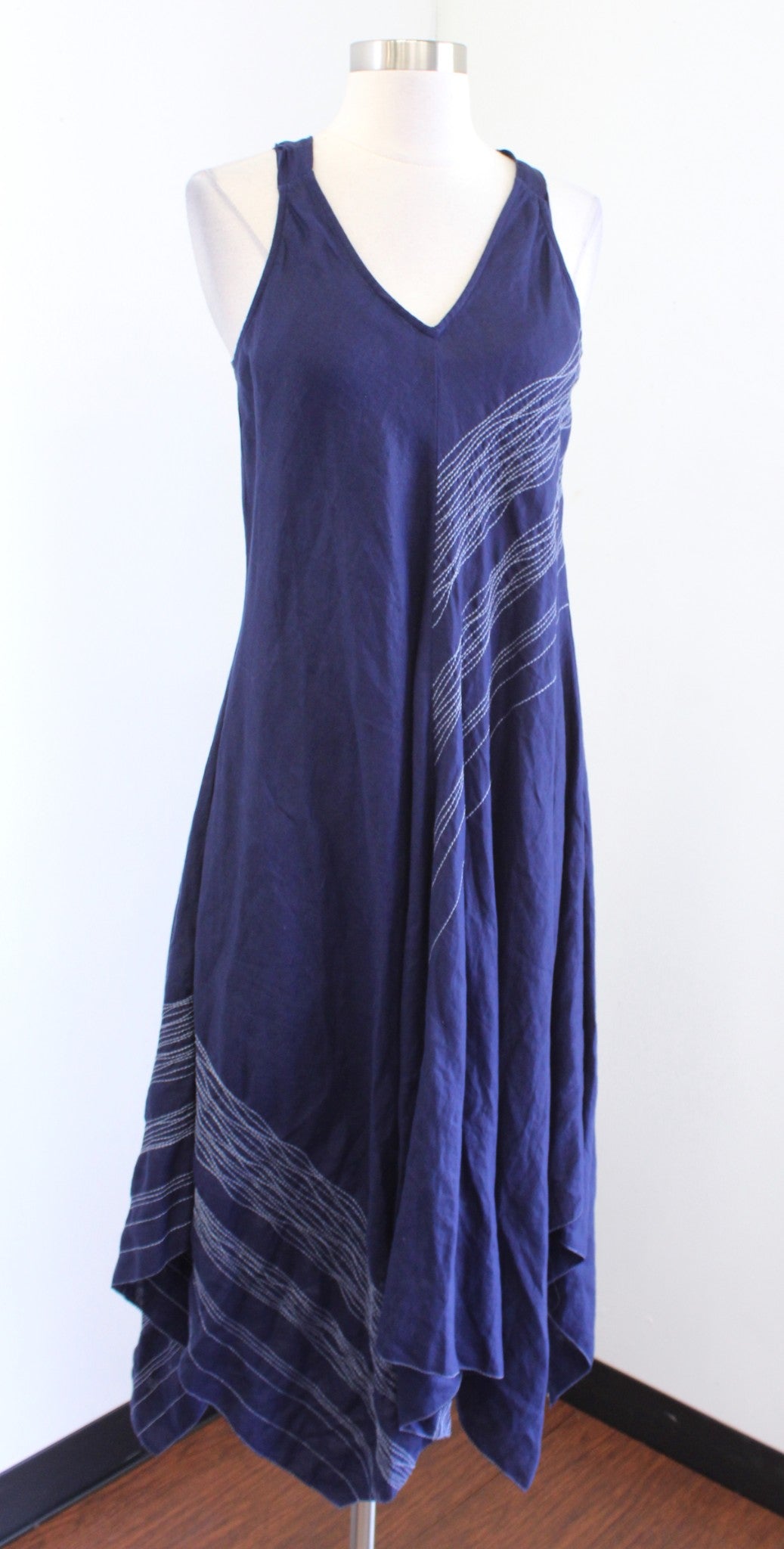 NWT Eileen Fisher Navy Blue Irish Linen Asymmetric Handkerchief Hem Dress Sz XS