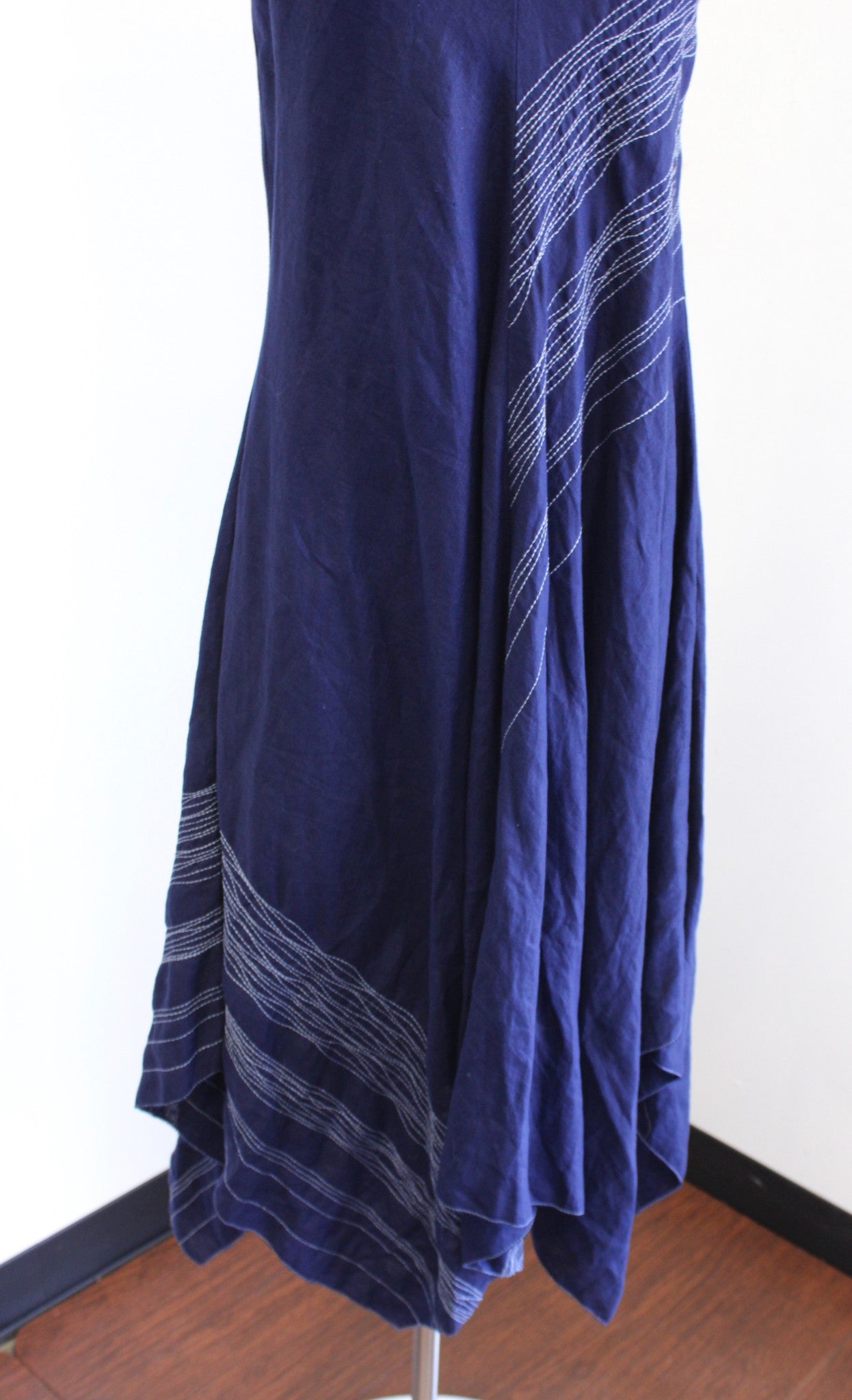 NWT Eileen Fisher Navy Blue Irish Linen Asymmetric Handkerchief Hem Dress Sz XS