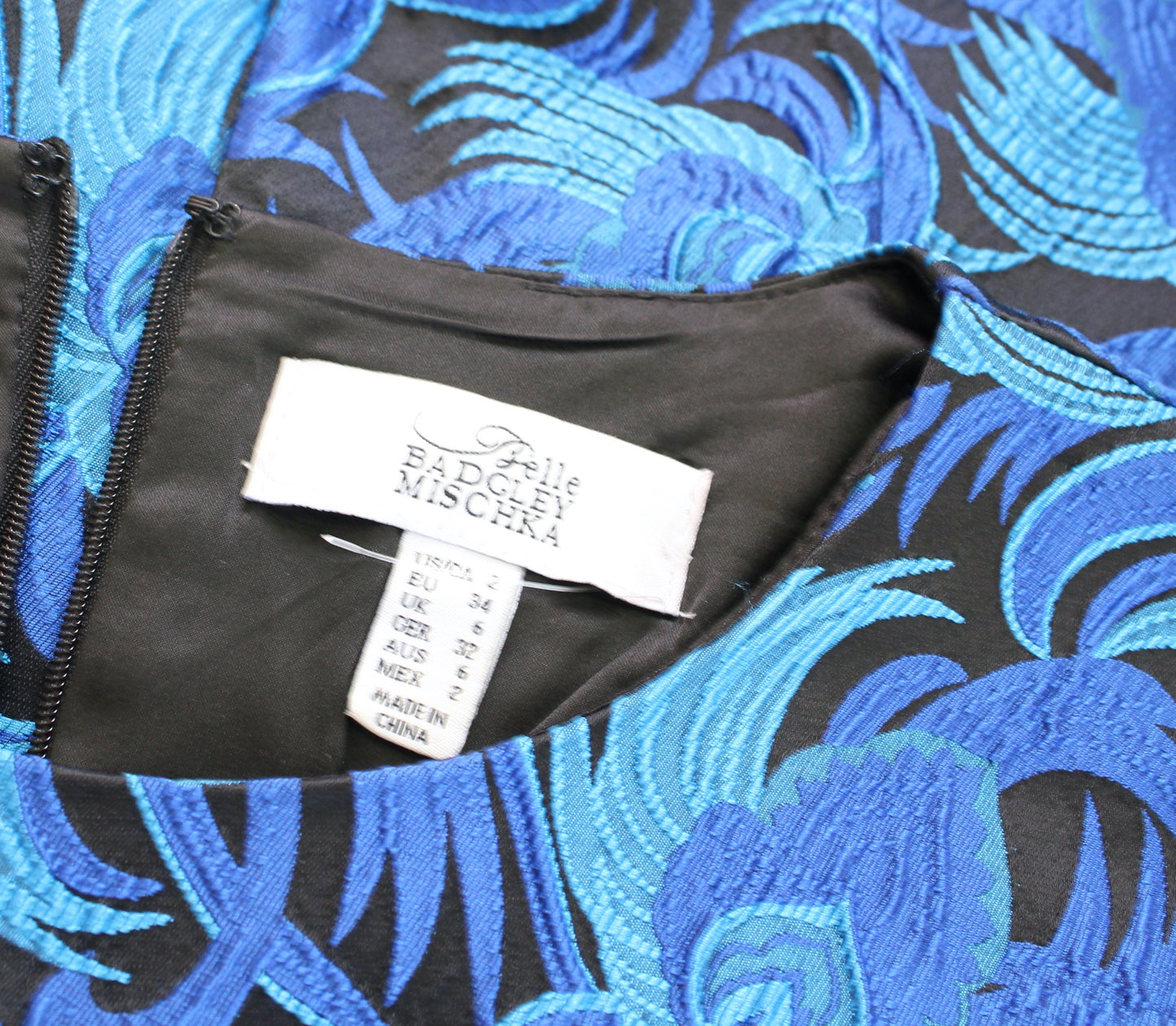 Belle Badgley Mischka Blue Peacock Feather Jacquard Bell Sleeve Cocktail Dress 2