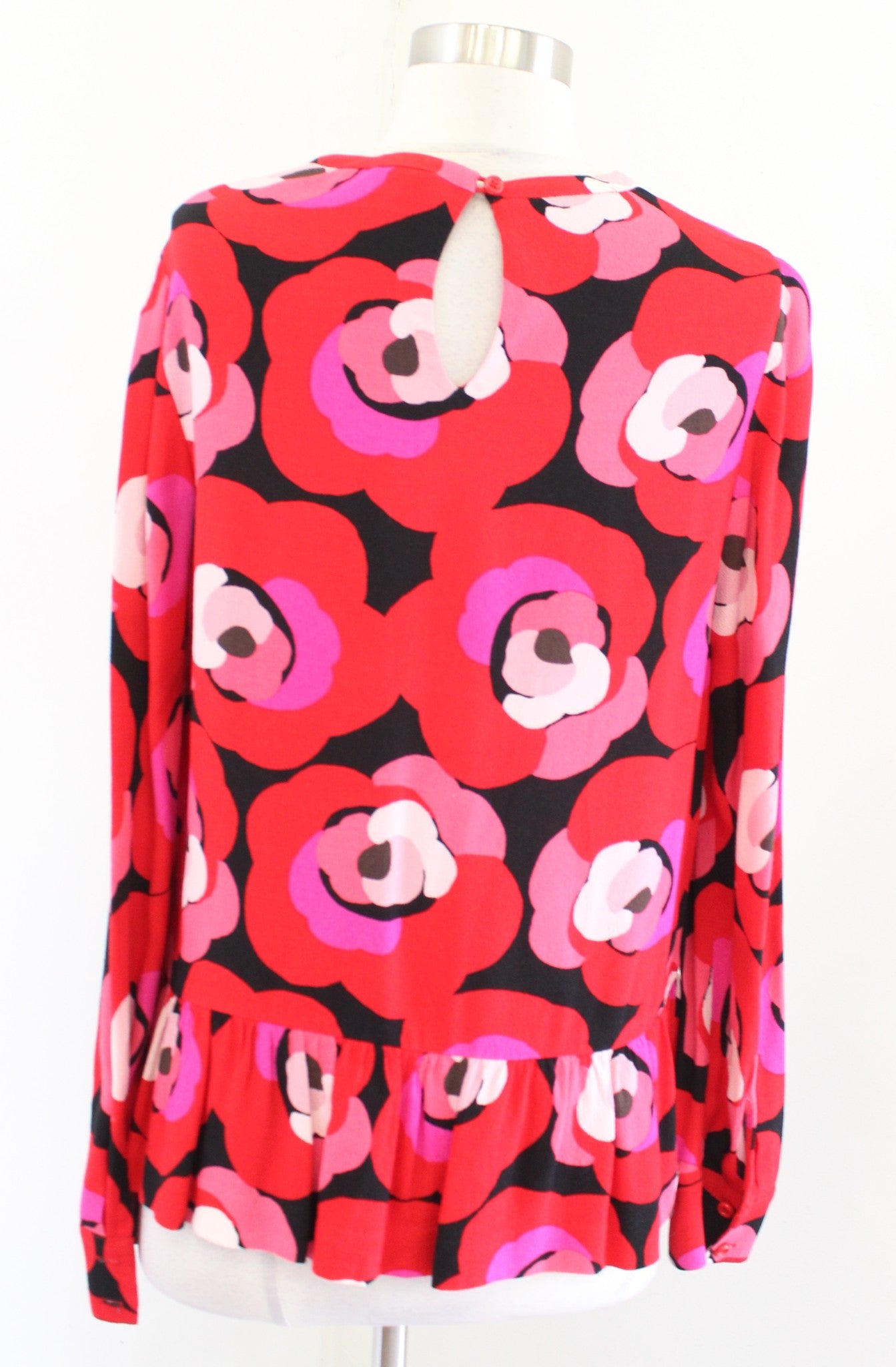 Kate Spade Womens Deco Rose Floral Peplum Top Blouse Size 4 Red Pink Long Sleeve