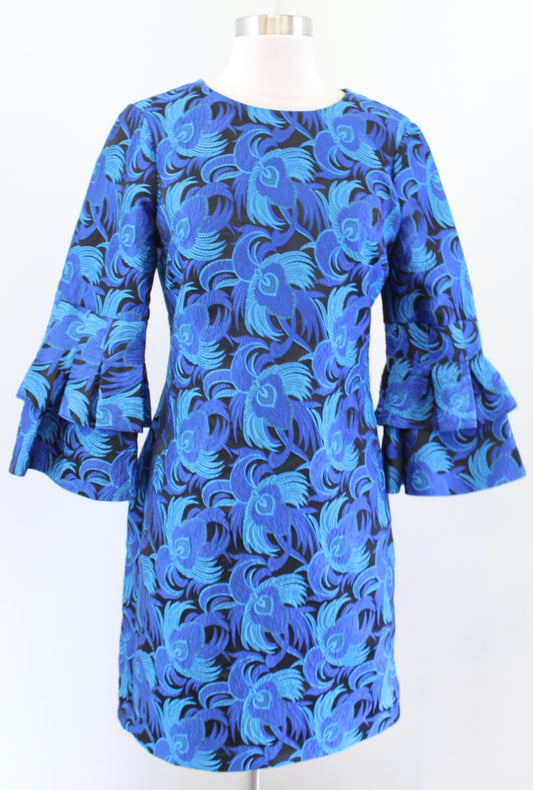 Belle Badgley Mischka Blue Peacock Feather Jacquard Bell Sleeve Cocktail Dress 2