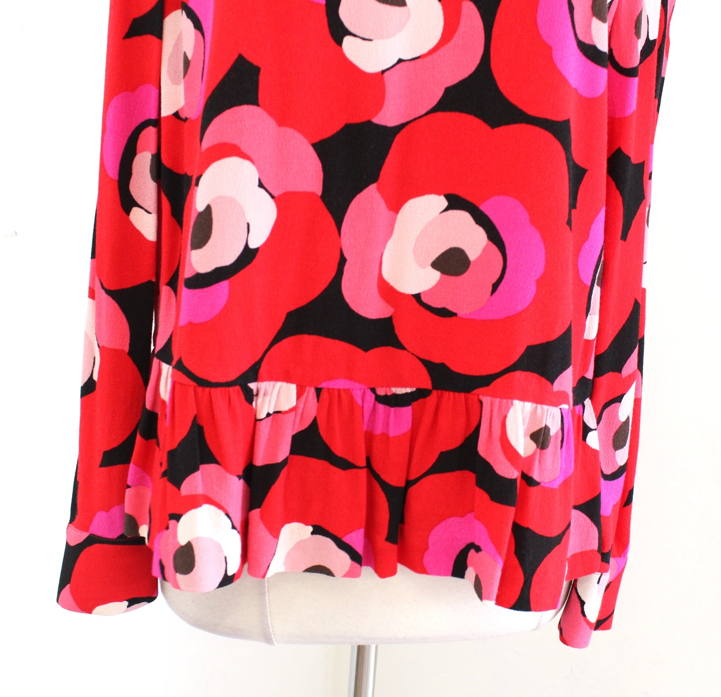 Kate Spade Womens Deco Rose Floral Peplum Top Blouse Size 4 Red Pink Long Sleeve
