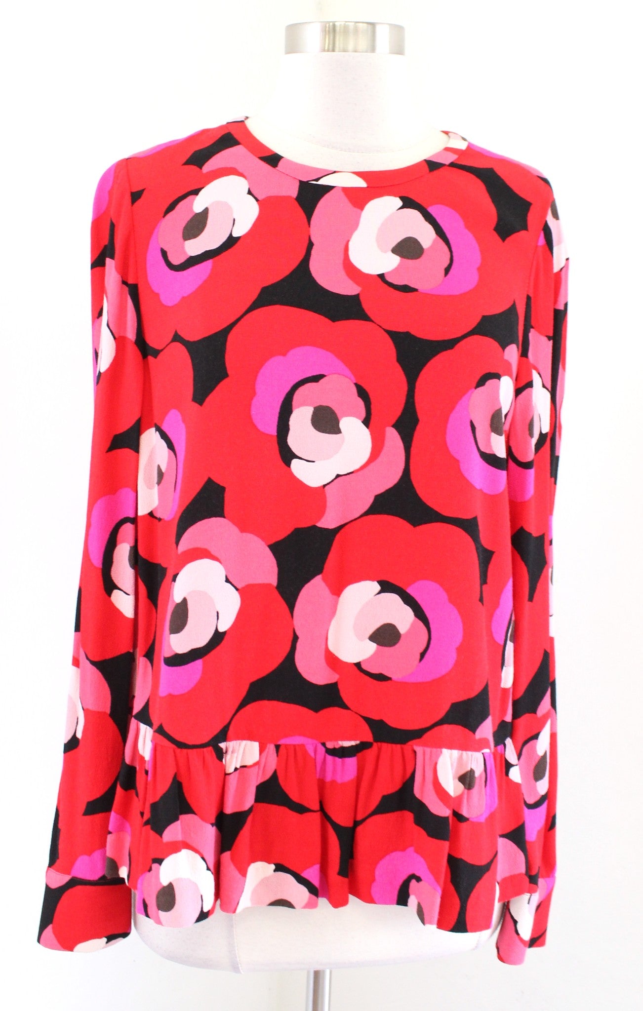 Kate Spade Womens Deco Rose Floral Peplum Top Blouse Size 4 Red Pink Long Sleeve