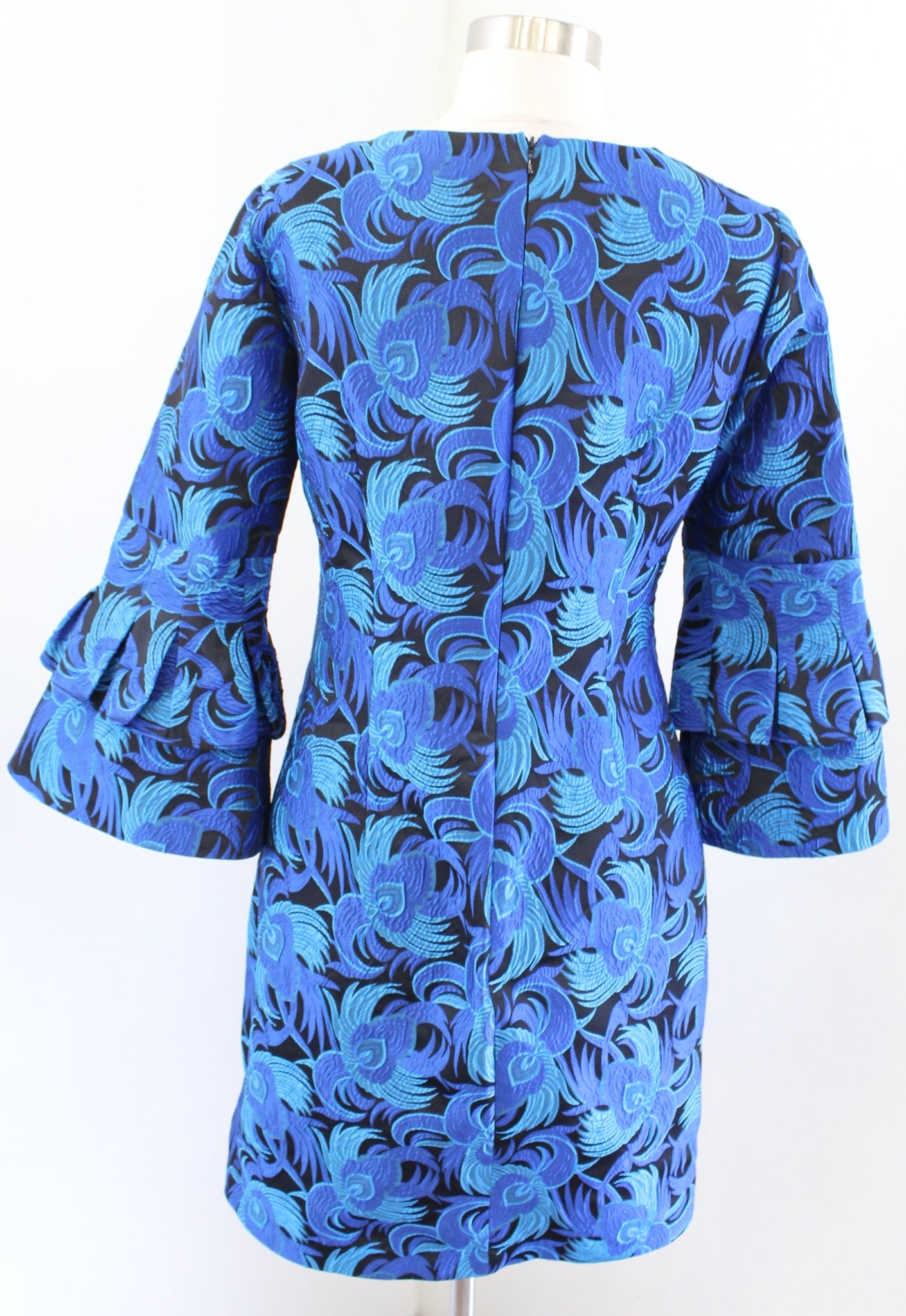 Belle Badgley Mischka Blue Peacock Feather Jacquard Bell Sleeve Cocktail Dress 2