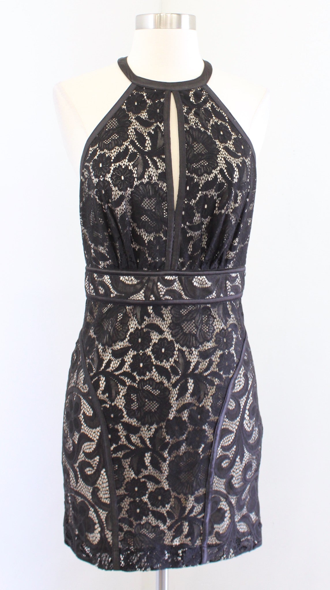 BEBE Black Beige Lace Illusion Keyhole Halter Mini Dress Size S Open Back Party