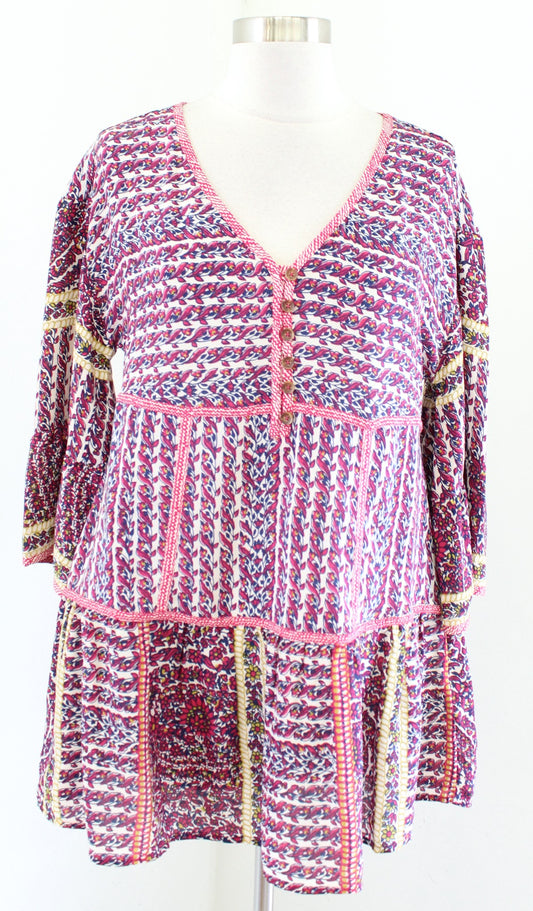 Maeve Anthropologie Lilyana Silk Tiered Peasant Tunic Top Blouse Size XS Floral