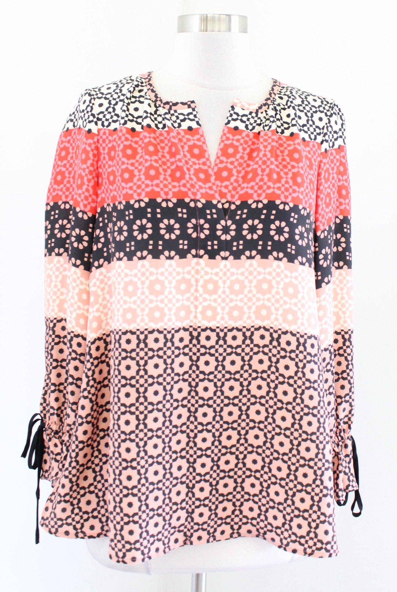 Derek Lam 10 Crosby Silk Striped Geometric Print Top Blouse Size 2 Peach Black