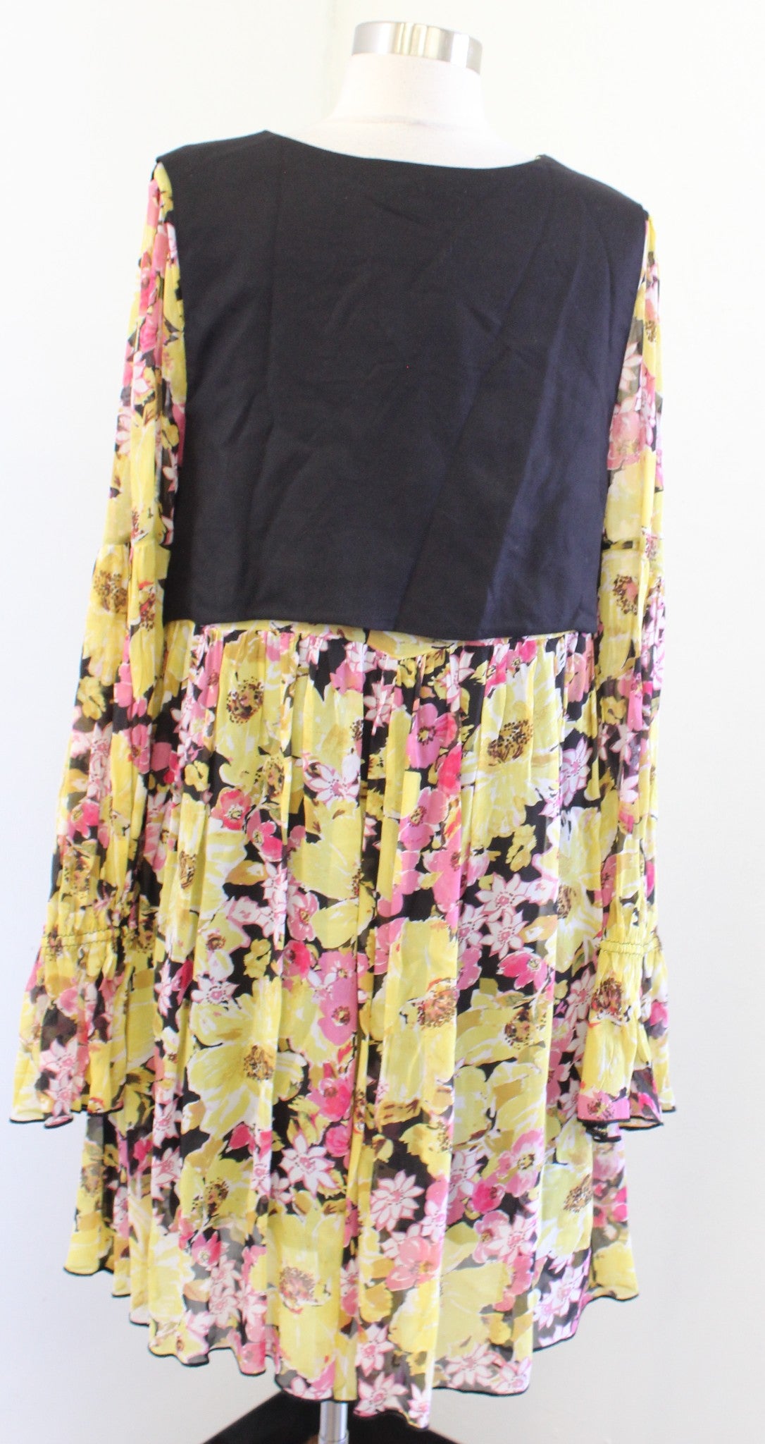 Free People Alice Yellow Black Floral Print Layered Built in Vest Dress Size M