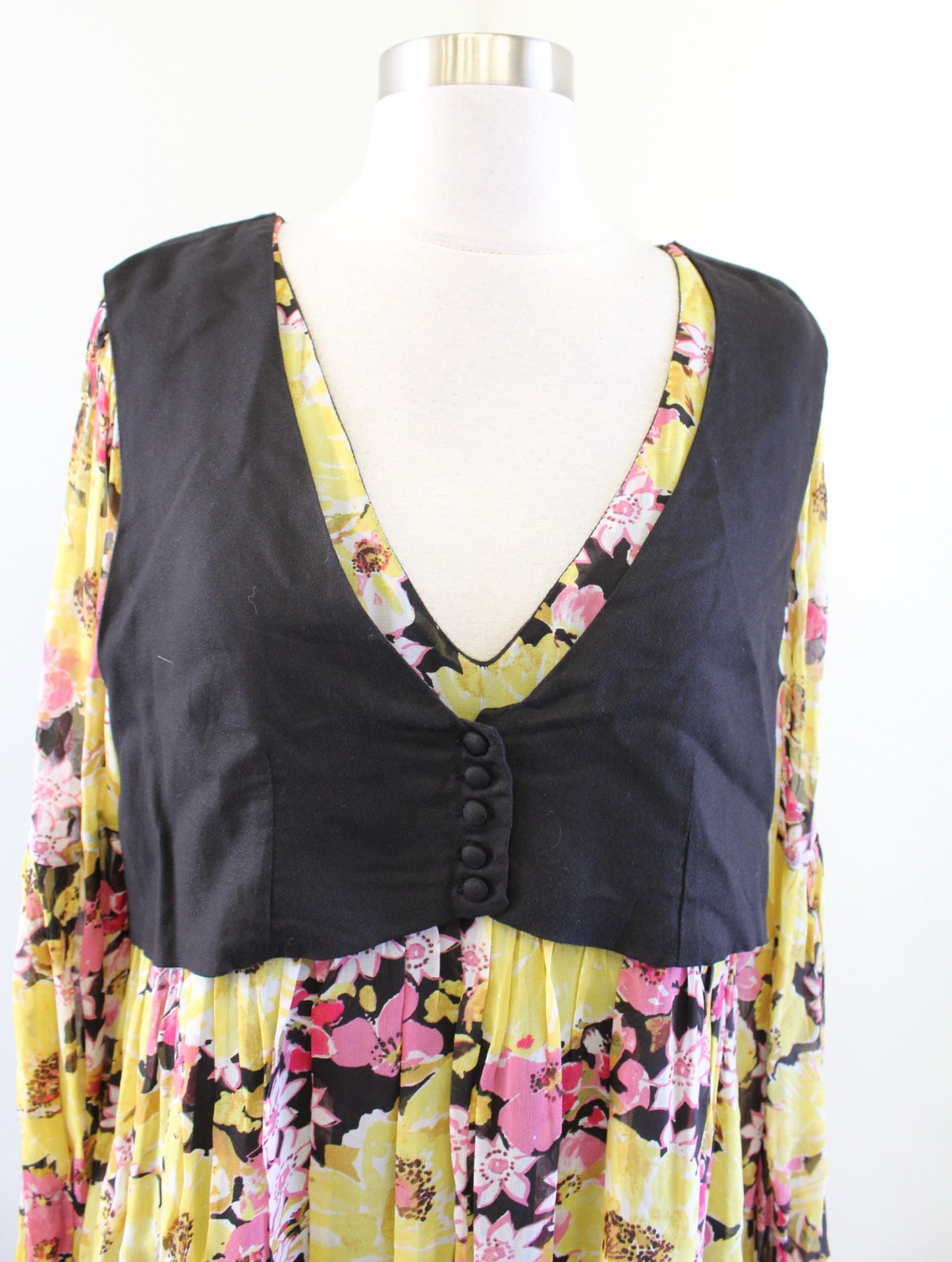 Free People Alice Yellow Black Floral Print Layered Built in Vest Dress Size M