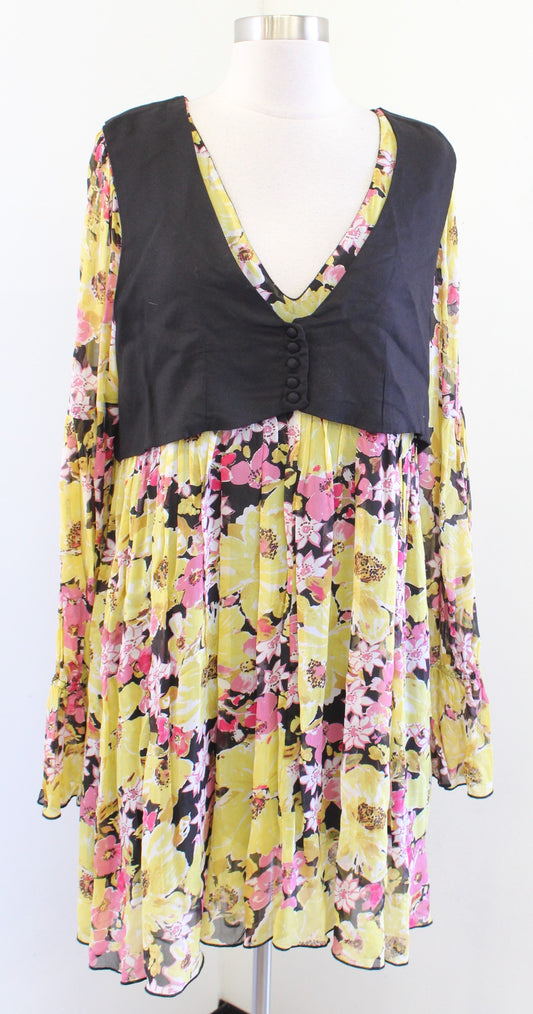 Free People Alice Yellow Black Floral Print Layered Built in Vest Dress Size M