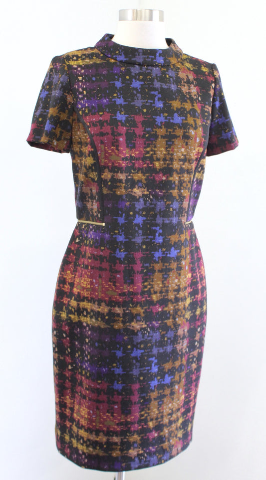 Tahari ASL Levine Black Multi Color Abstract Check Plaid Mock Neck Dress Size 4