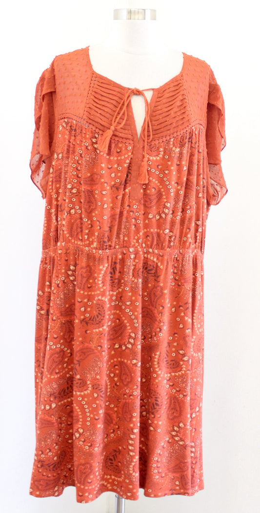 NWT Daniel Rainn Stitch Fix Burnt Orange Paisley Print Knit Tie Neck Dress Sz 3X