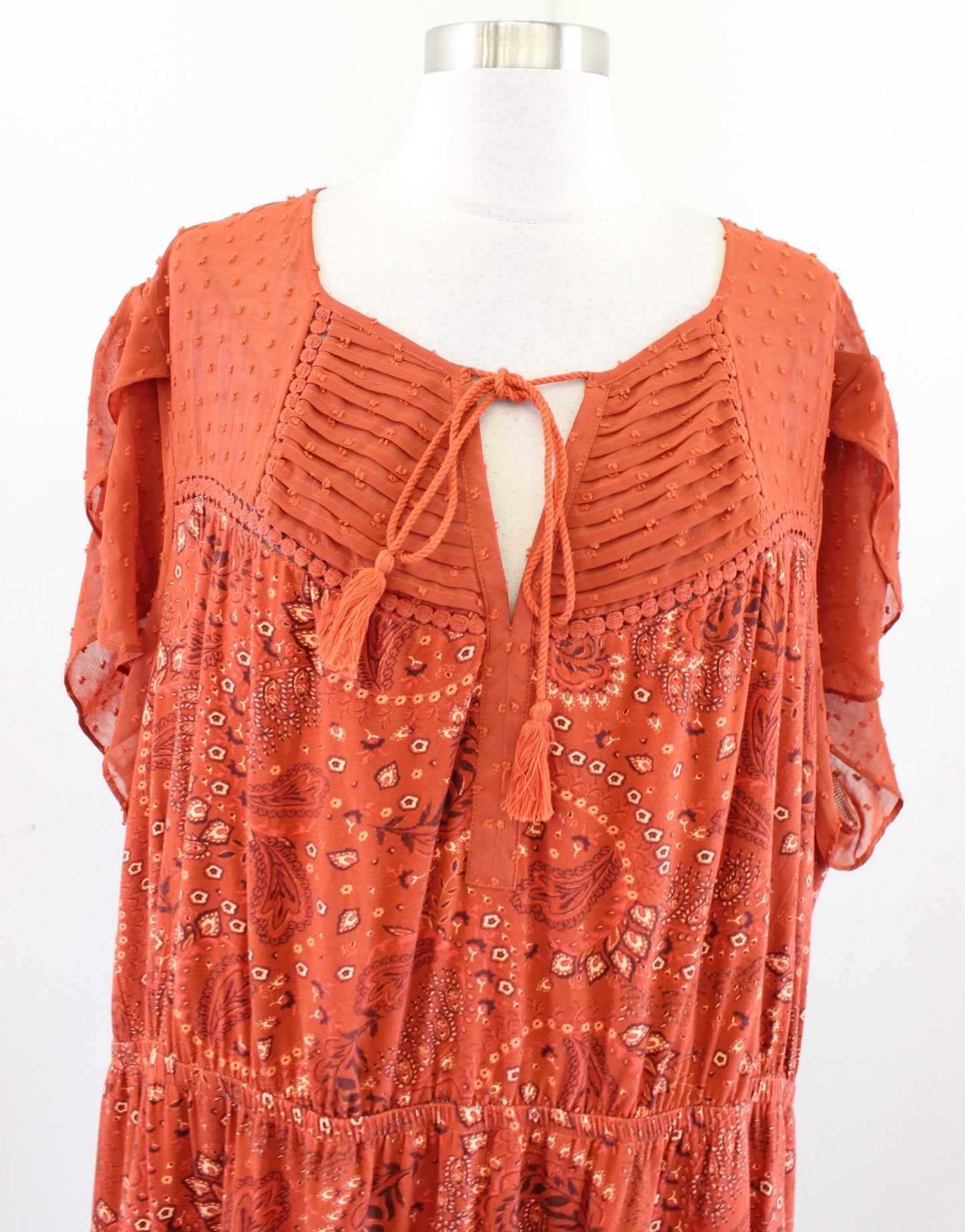 NWT Daniel Rainn Stitch Fix Burnt Orange Paisley Print Knit Tie Neck Dress Sz 3X