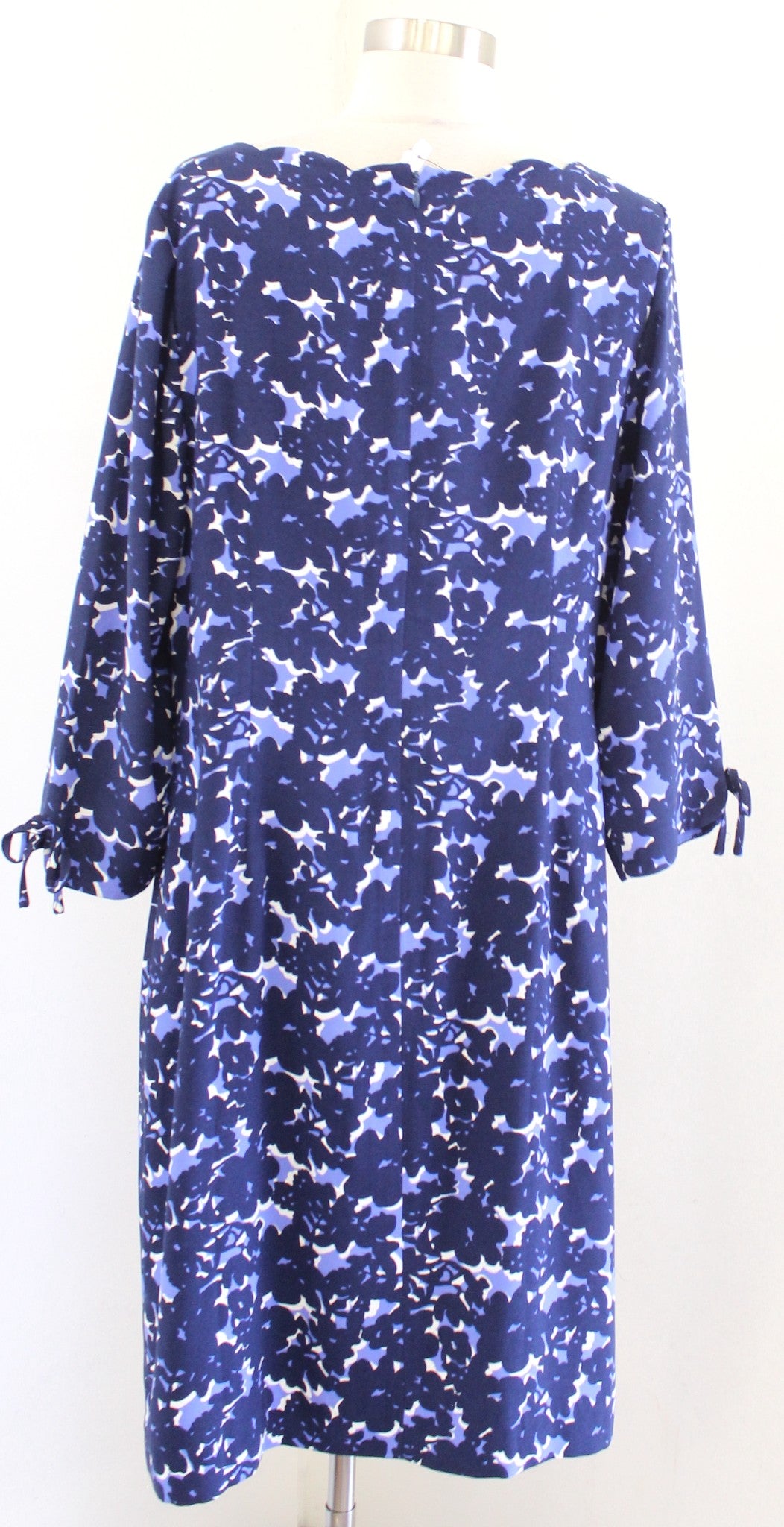 New Talbots Blue Floral Crepe Scalloped Neckline Bow Trim Shift Dress Sz 12 NWOT