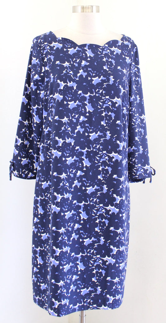 New Talbots Blue Floral Crepe Scalloped Neckline Bow Trim Shift Dress Sz 12 NWOT