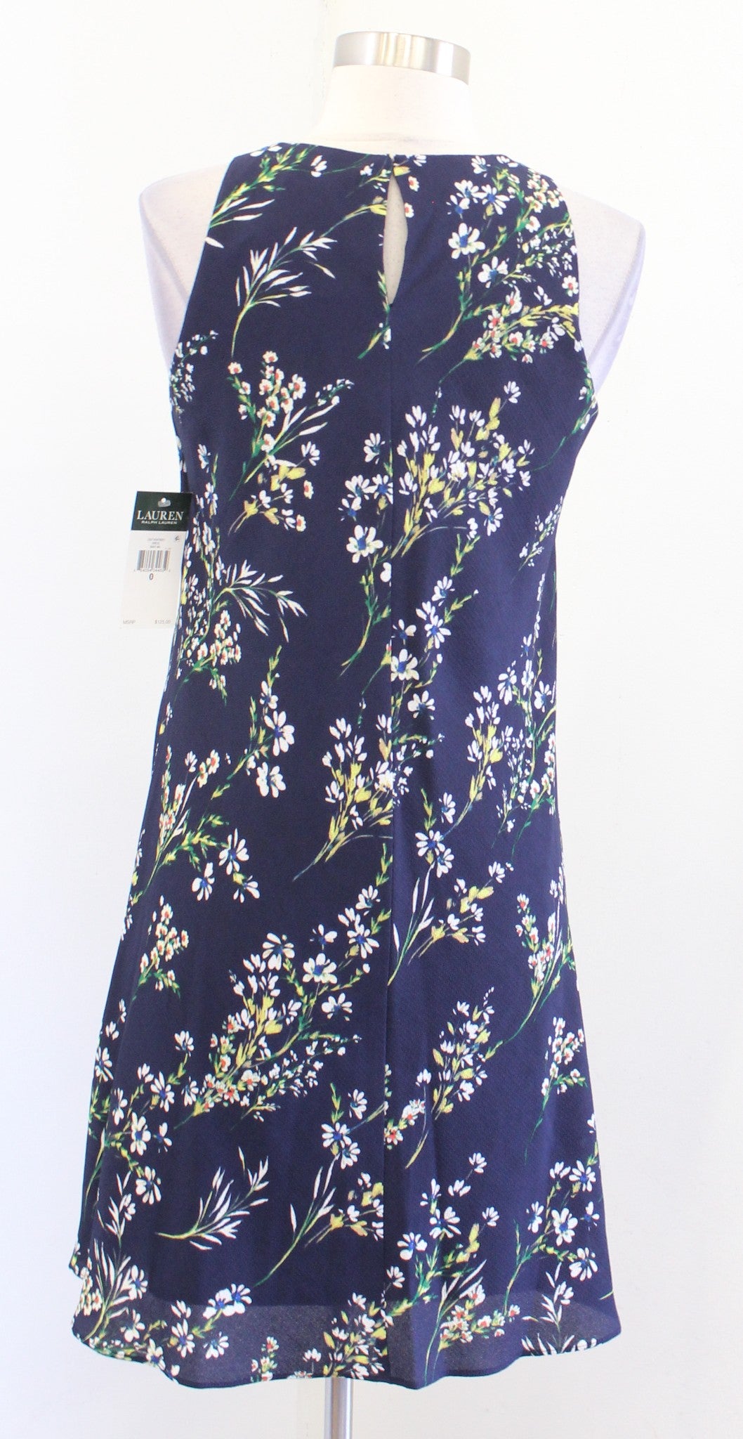 NWT $125 Lauren Ralph Lauren Navy Blue Floral Sleeveless Shift Swing Dress Sz 0